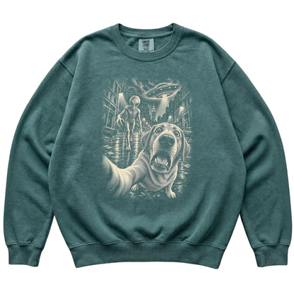 Labrador Retriever Alien Selfie Comfort Colors Sweatshirt in Blue Spruce, flat view