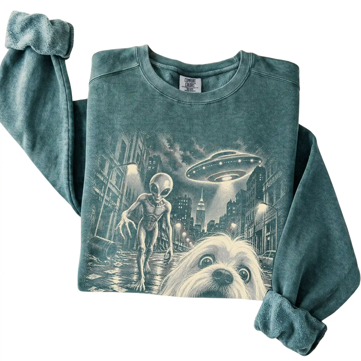 Maltese Alien Selfie Comfort Colors Sweatshirt in Blue Spruce, folded view