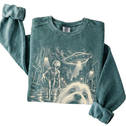 Maltese Alien Selfie Comfort Colors Sweatshirt in Blue Spruce, folded view