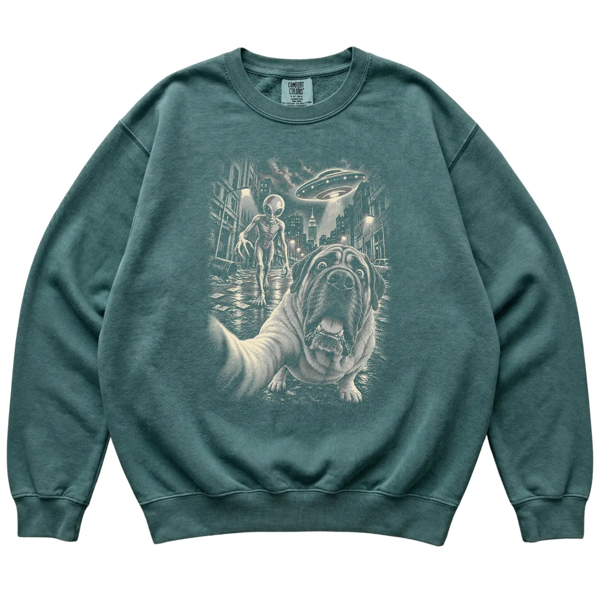 Mastiff Alien Selfie Comfort Colors Sweatshirt in Blue Spruce, flat view