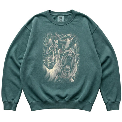 Mastiff Alien Selfie Comfort Colors Sweatshirt in Blue Spruce, flat view