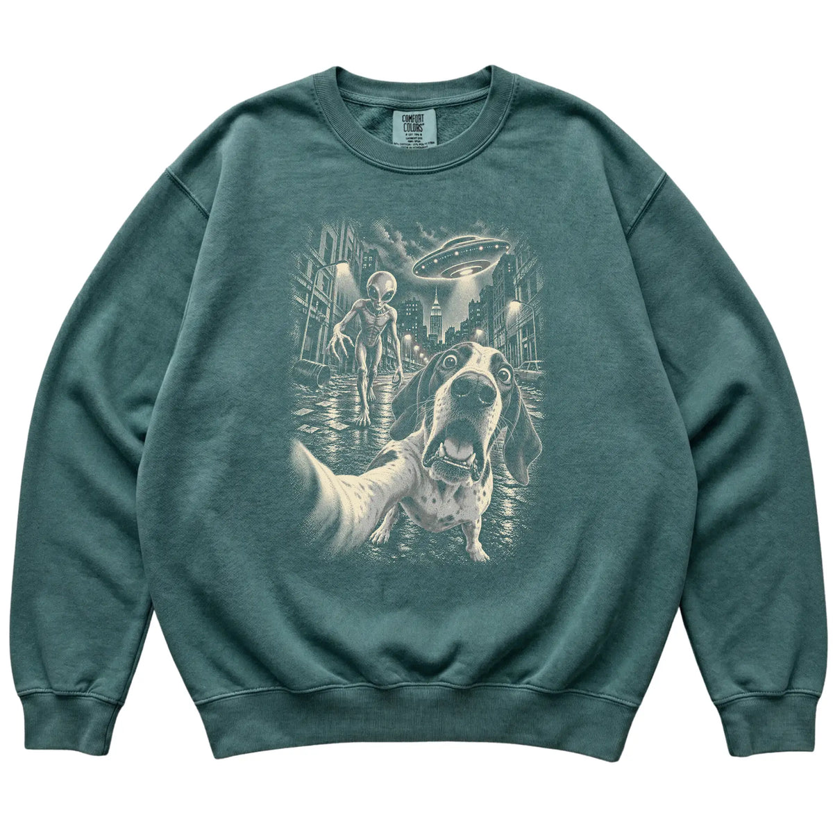 Pointer Alien Selfie Comfort Colors Sweatshirt in Blue Spruce, flat view
