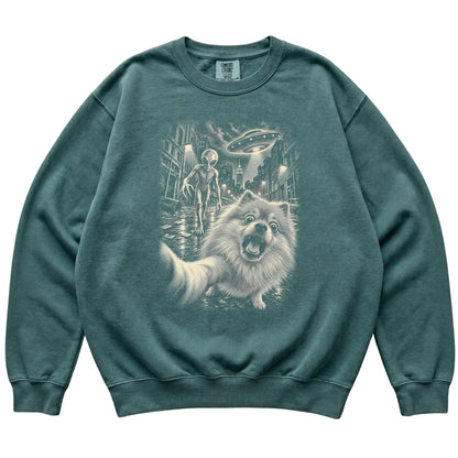 Pomeranian Alien Selfie Comfort Colors Sweatshirt in Blue Spruce, flat view