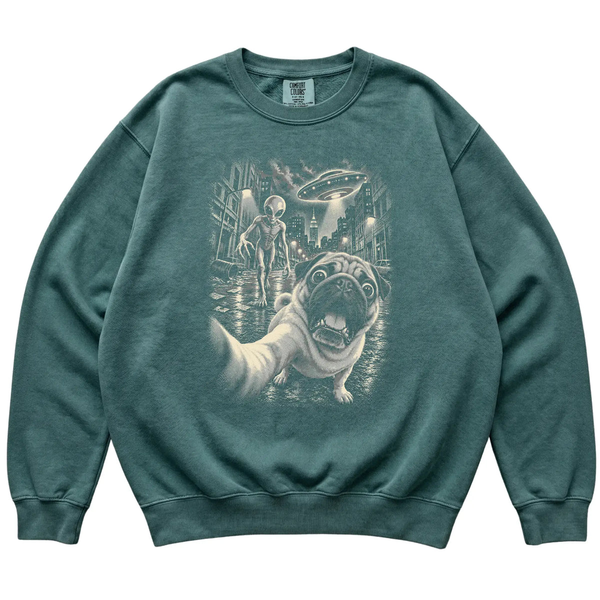 Pug Alien Selfie Comfort Colors Sweatshirt in Blue Spruce, flat view