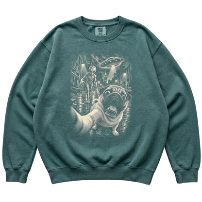 Pug Alien Selfie Comfort Colors Sweatshirt in Blue Spruce, flat view