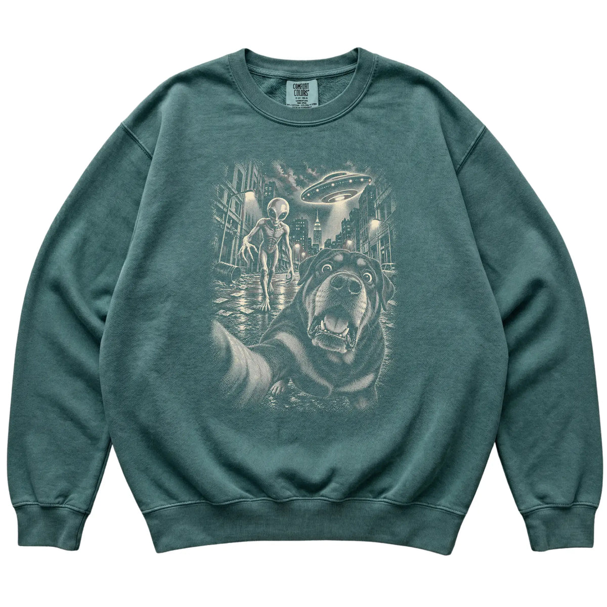 Rottweiler Alien Selfie Comfort Colors Sweatshirt in Blue Spruce, flat view