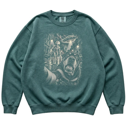 Rottweiler Alien Selfie Comfort Colors Sweatshirt in Blue Spruce, flat view
