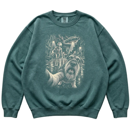 Schnauzer Alien Selfie Comfort Colors Sweatshirt in Blue Spruce, flat view