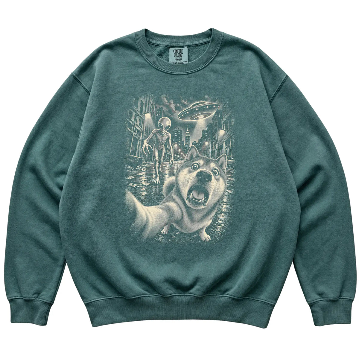 Shiba Inu Alien Selfie Comfort Colors Sweatshirt in Blue Spruce, flat view
