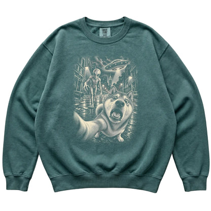 Shiba Inu Alien Selfie Comfort Colors Sweatshirt in Blue Spruce, flat view