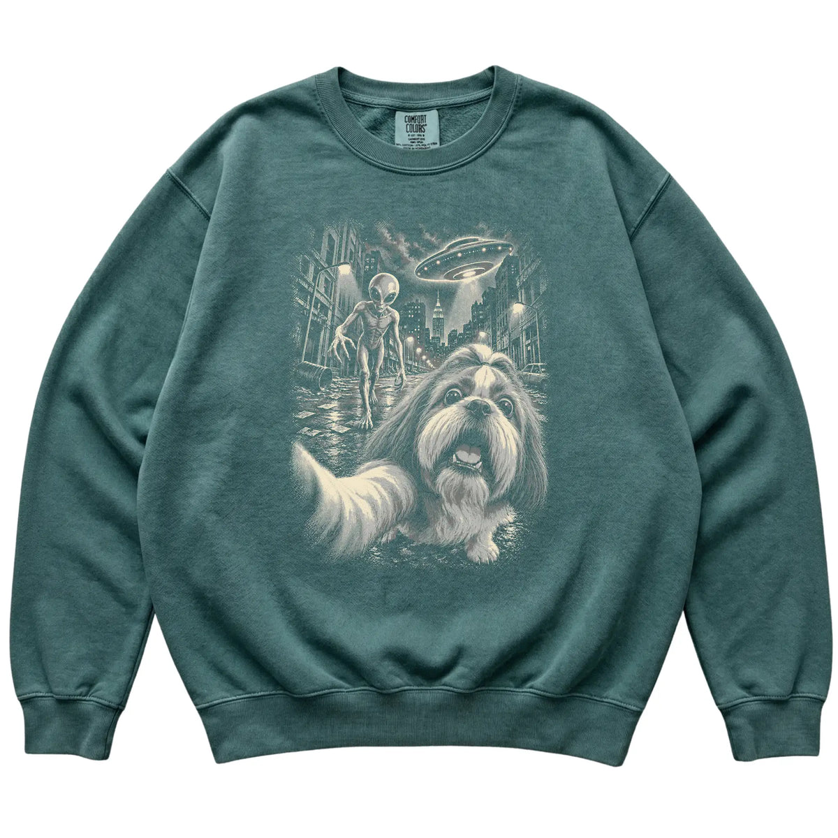 Shih Tzu Alien Selfie Comfort Colors Sweatshirt in Blue Spruce, flat view