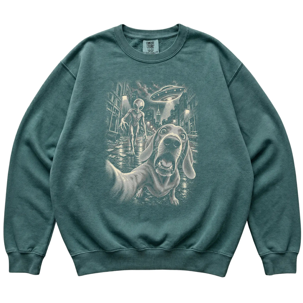 Weimaraner Alien Selfie Comfort Colors Sweatshirt in Blue Spruce, flat view