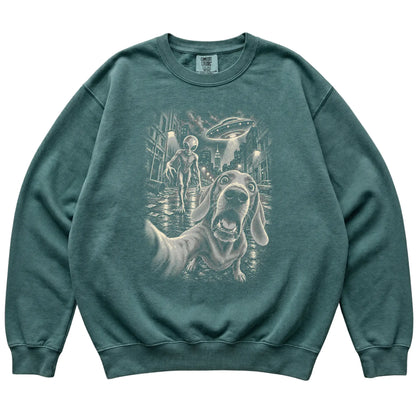 Weimaraner Alien Selfie Comfort Colors Sweatshirt in Blue Spruce, flat view