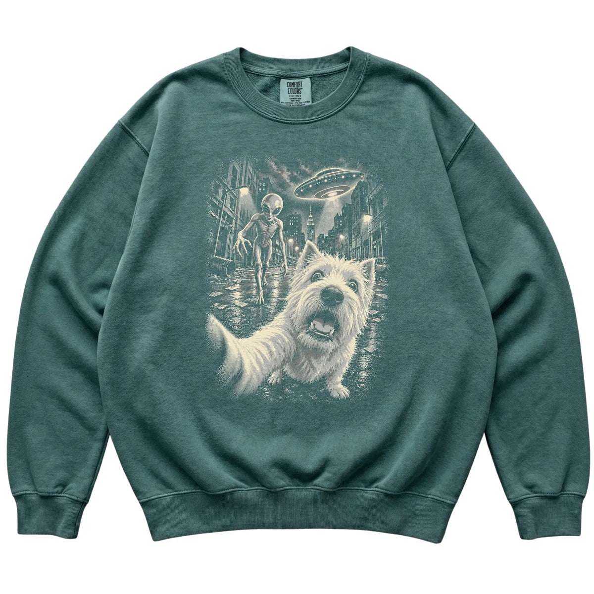 Westie Alien Selfie Comfort Colors Sweatshirt in Blue Spruce, flat view