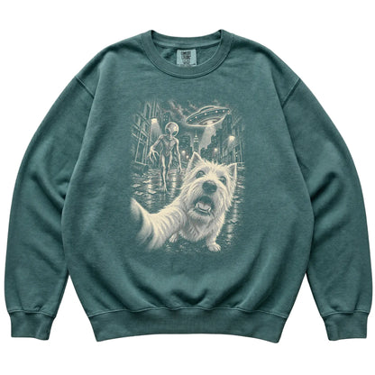 Westie Alien Selfie Comfort Colors Sweatshirt in Blue Spruce, flat view