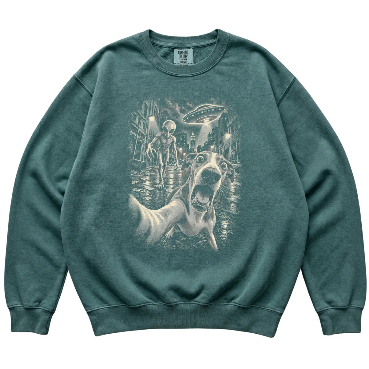 Whippet Alien Selfie Comfort Colors Sweatshirt in Blue Spruce, flat view
