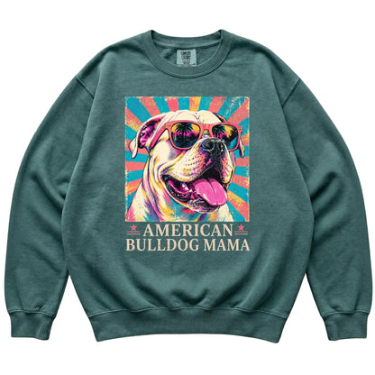 Retro American Bulldog Mama design on a Blue Spruce Comfort Colors sweatshirt