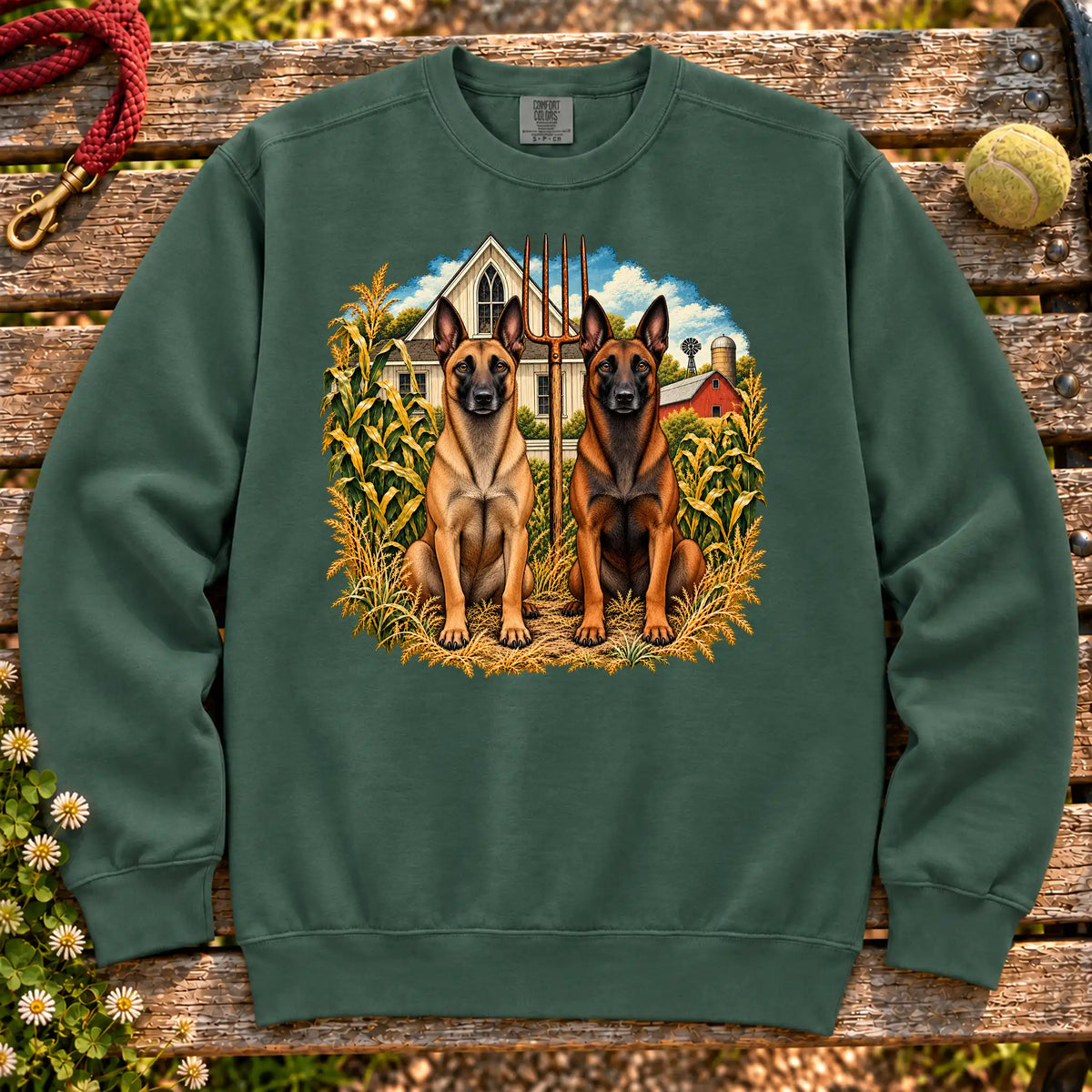 American Dogthic Belgian Malinois farmhouse design on a Blue Spruce Comfort Colors® sweatshirt