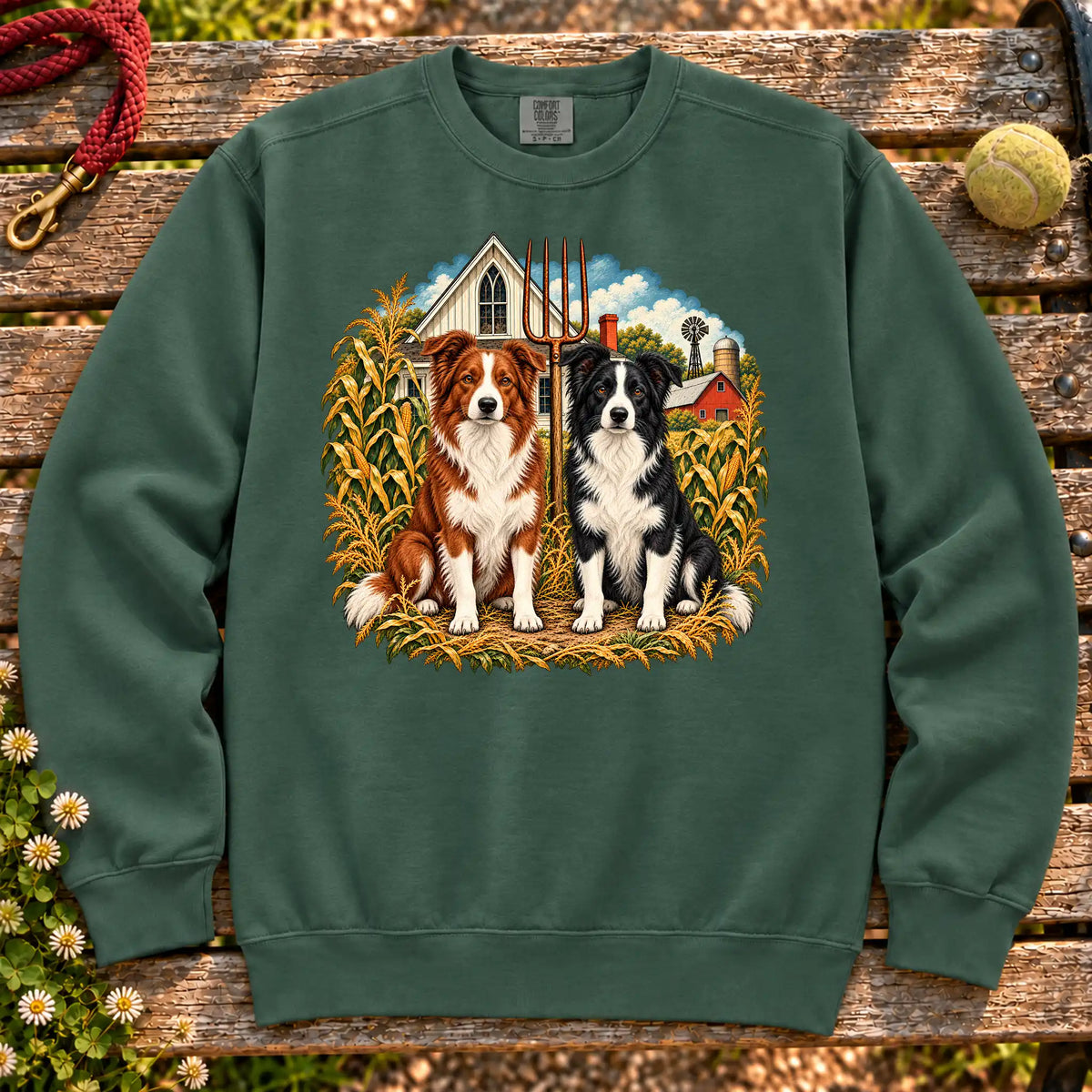 American Dogthic Border Collie farmhouse design on a Blue Spruce Comfort Colors® sweatshirt