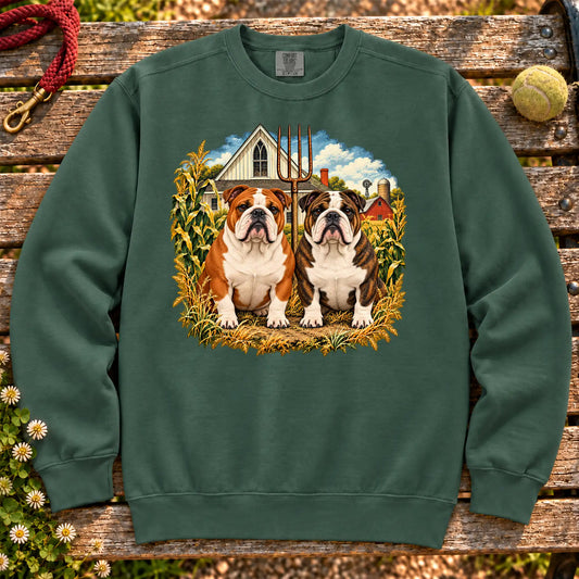 American Dogthic Bulldog farmhouse design on a Blue Spruce Comfort Colors® sweatshirt