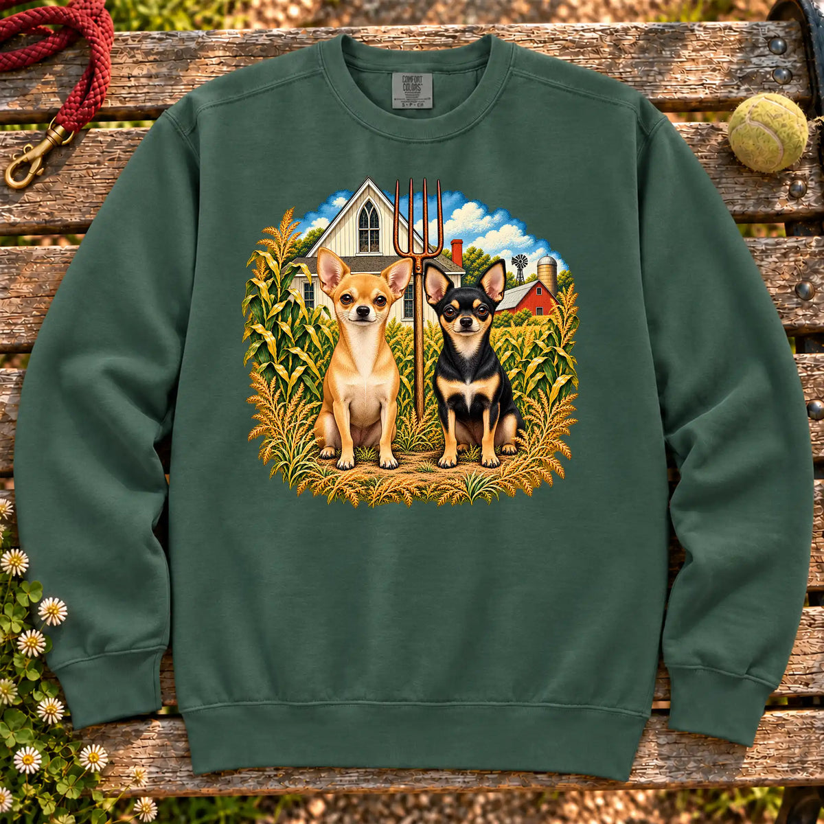 American Dogthic Chihuahua farmhouse design on a Blue Spruce Comfort Colors® sweatshirt