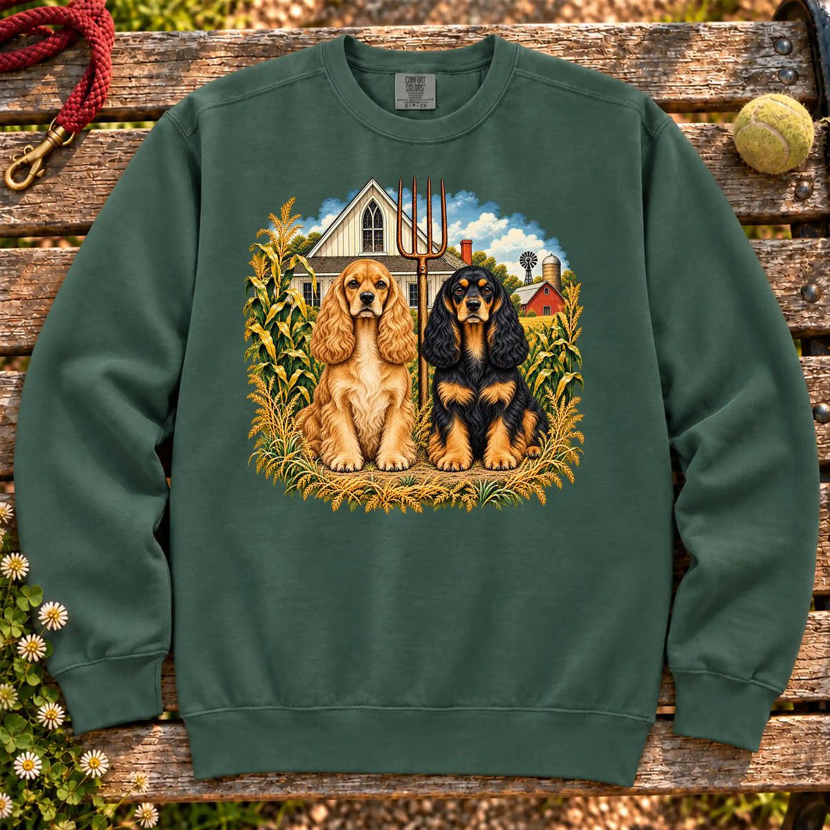 American Dogthic Cocker Spaniel farmhouse design on a Blue Spruce Comfort Colors® sweatshirt