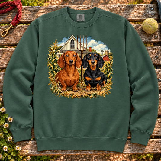 American Dogthic Dachshund farmhouse design on a Blue Spruce Comfort Colors® sweatshirt
