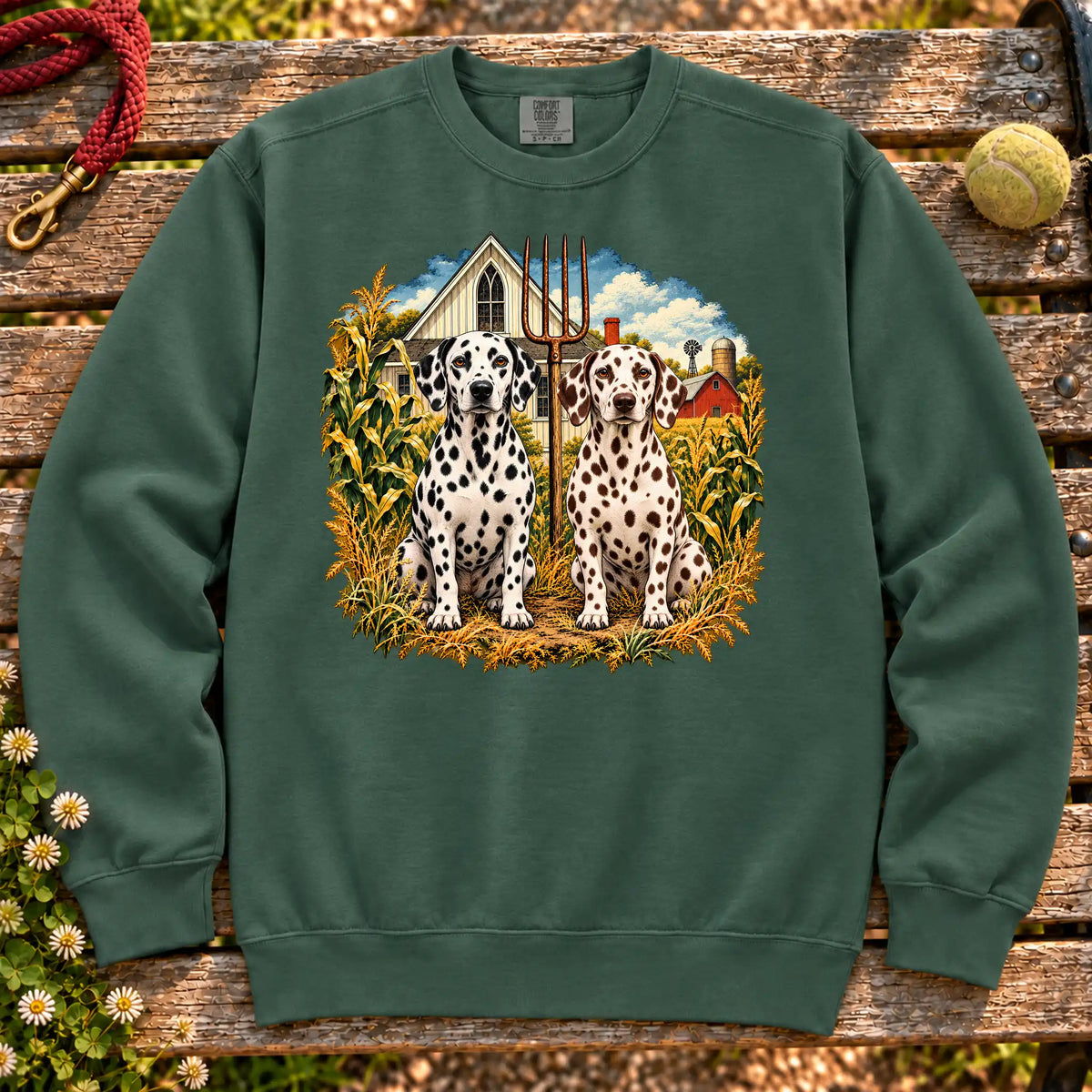 American Dogthic Dalmatian farmhouse design on a Blue Spruce Comfort Colors® sweatshirt
