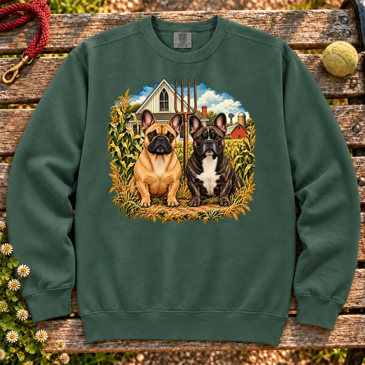 American Dogthic French Bulldog farmhouse design on a Blue Spruce Comfort Colors® sweatshirt