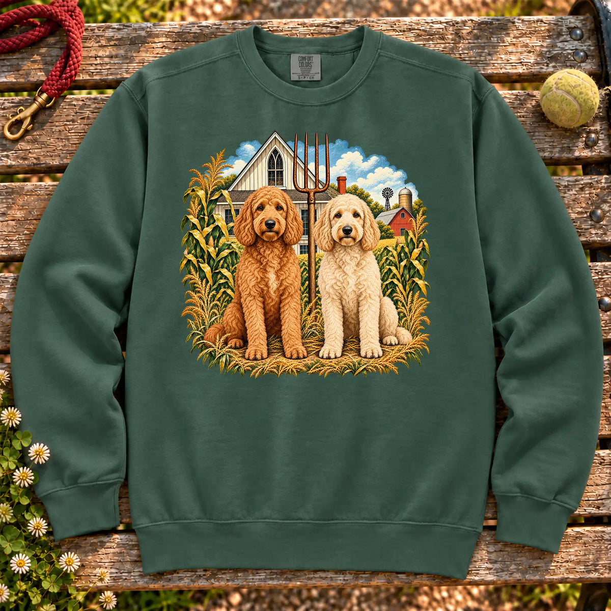 American Dogthic Goldendoodle farmhouse design on a Blue Spruce Comfort Colors® sweatshirt