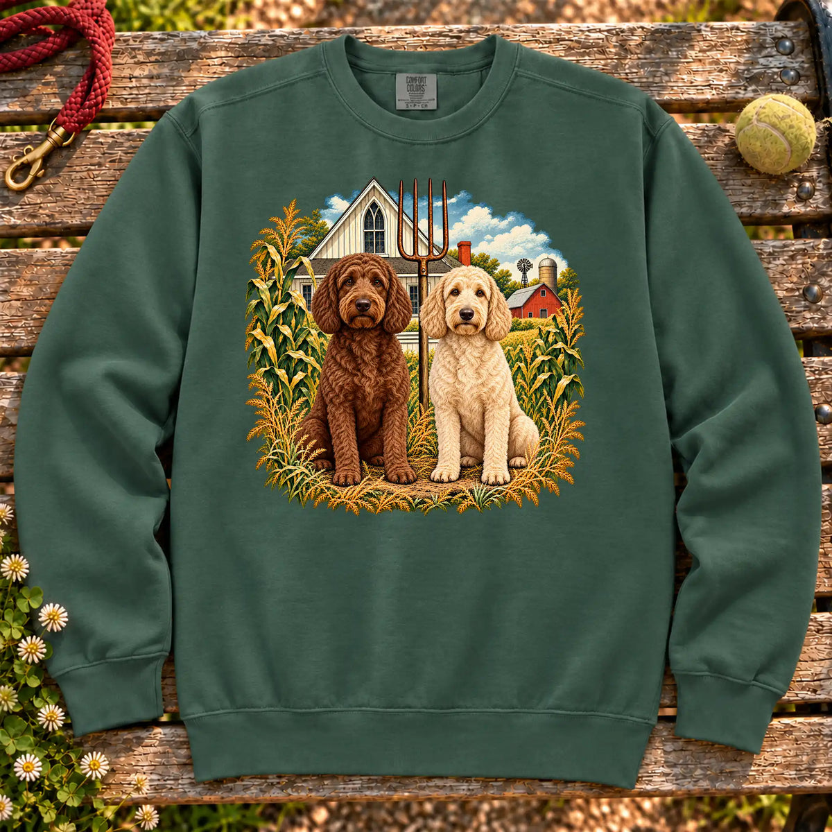 American Dogthic Labradoodle farmhouse design on a Blue Spruce Comfort Colors® sweatshirt