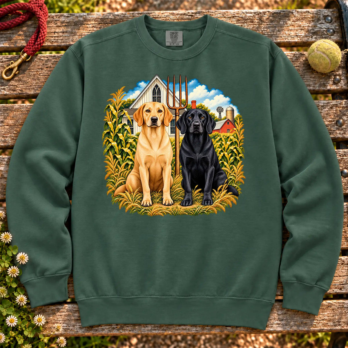 American Dogthic Labrador Retriever farmhouse design on a Blue Spruce Comfort Colors® sweatshirt