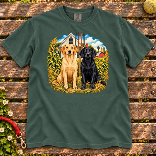 American Dogthic Labrador Retriever farmhouse design on a Blue Spruce Comfort Colors® T-shirt