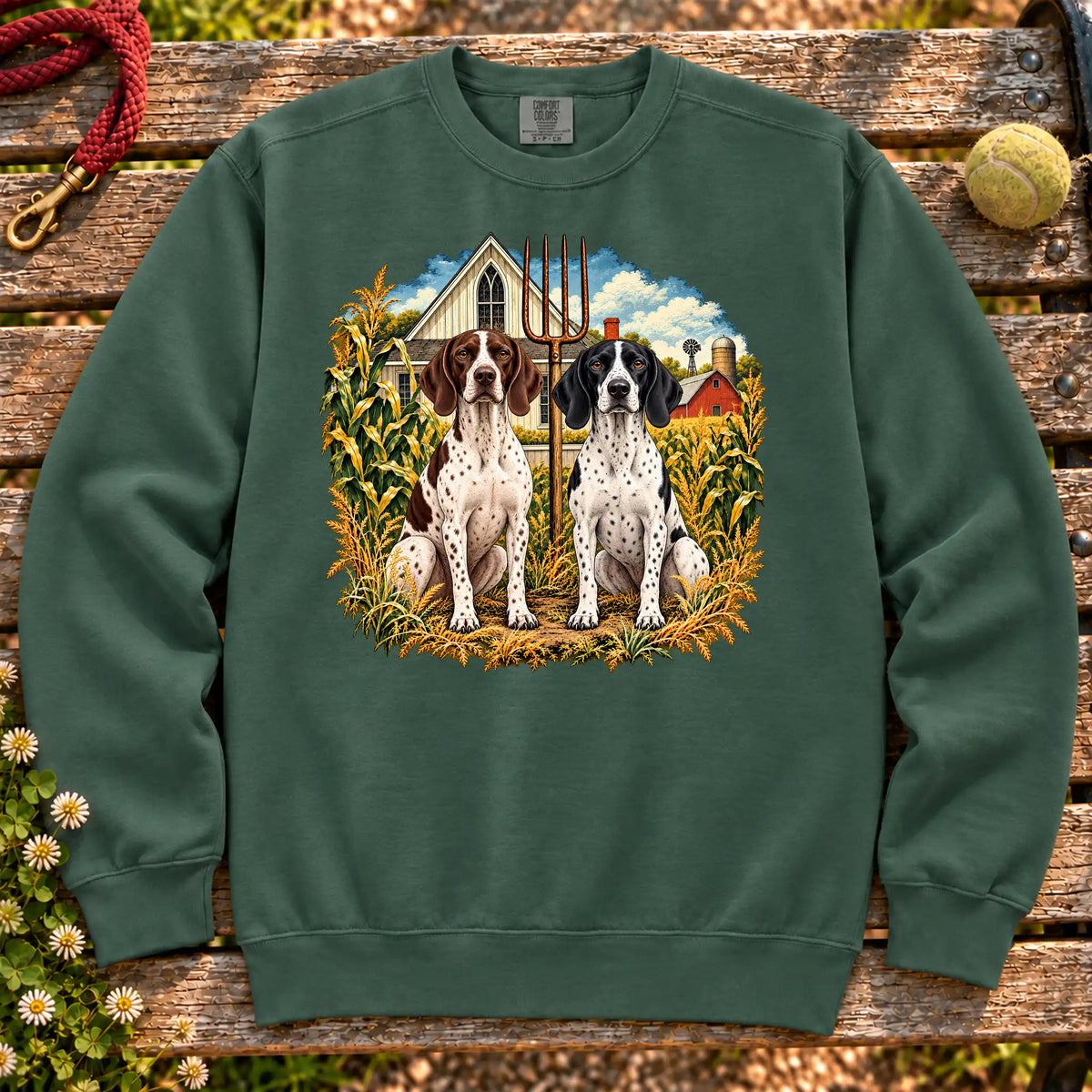 American Dogthic Pointer farmhouse design on a Blue Spruce Comfort Colors® sweatshirt