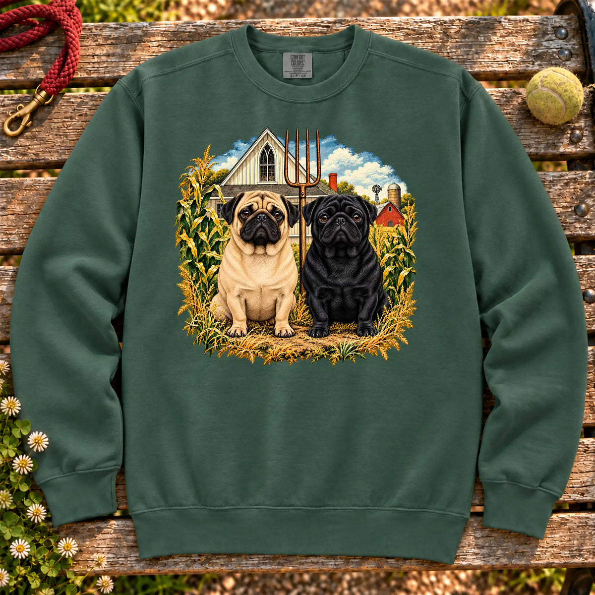 American Dogthic Pug farmhouse design on a Blue Spruce Comfort Colors® sweatshirt