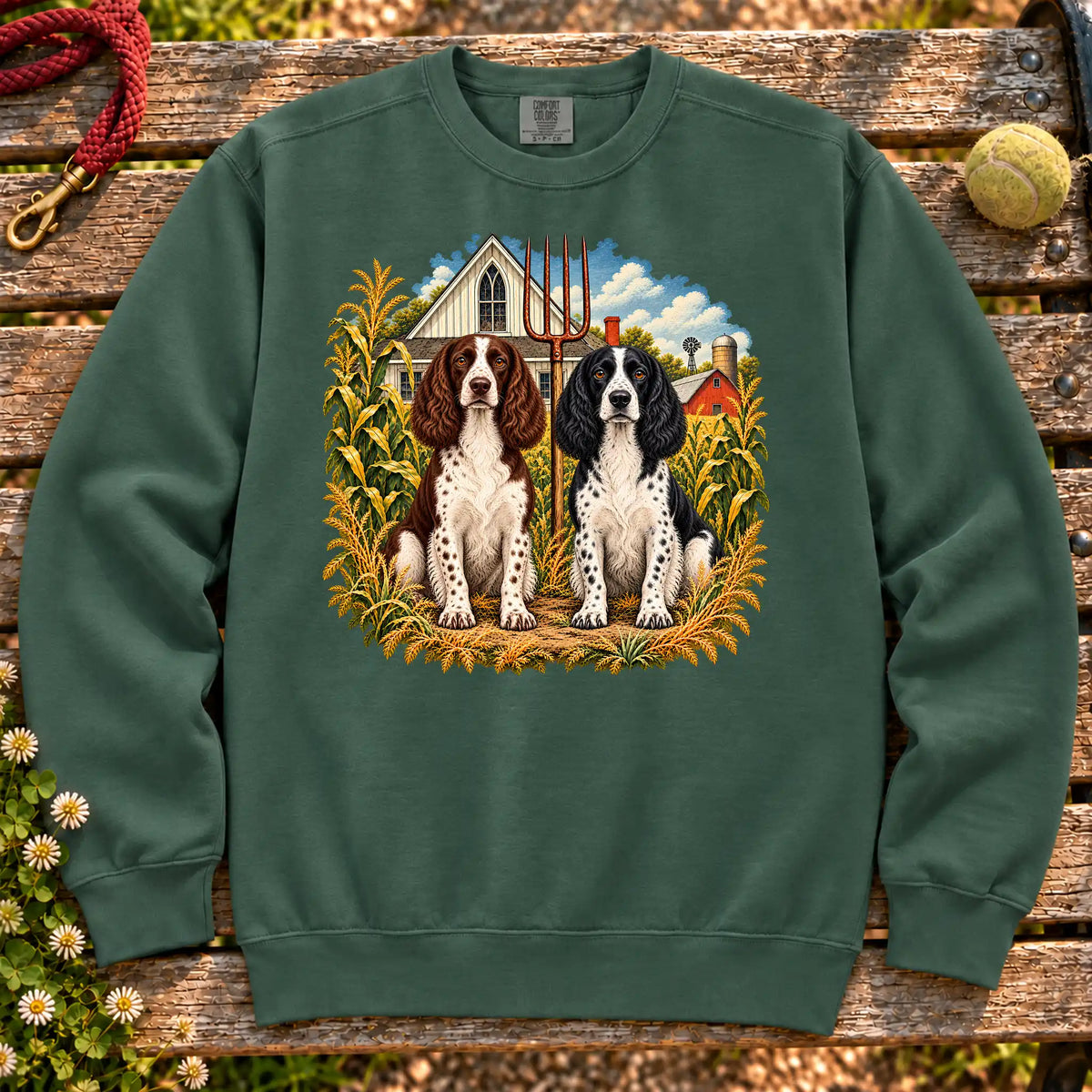 American Dogthic Springer Spaniel farmhouse design on a Blue Spruce Comfort Colors® sweatshirt
