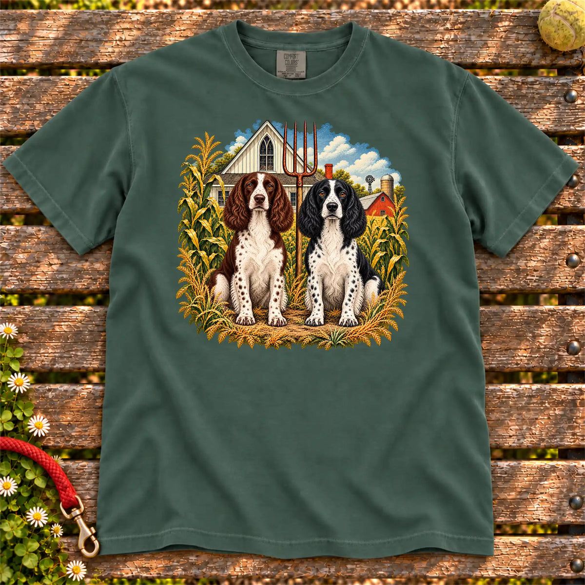 American Dogthic Springer Spaniel farmhouse design on a Blue Spruce Comfort Colors® T-shirt