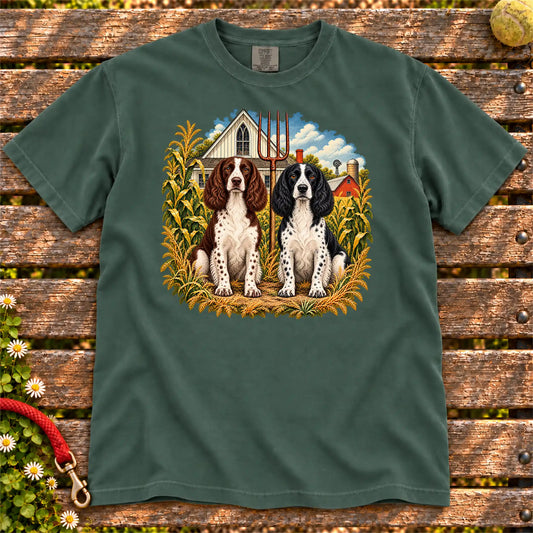 American Dogthic Springer Spaniel farmhouse design on a Blue Spruce Comfort Colors® T-shirt