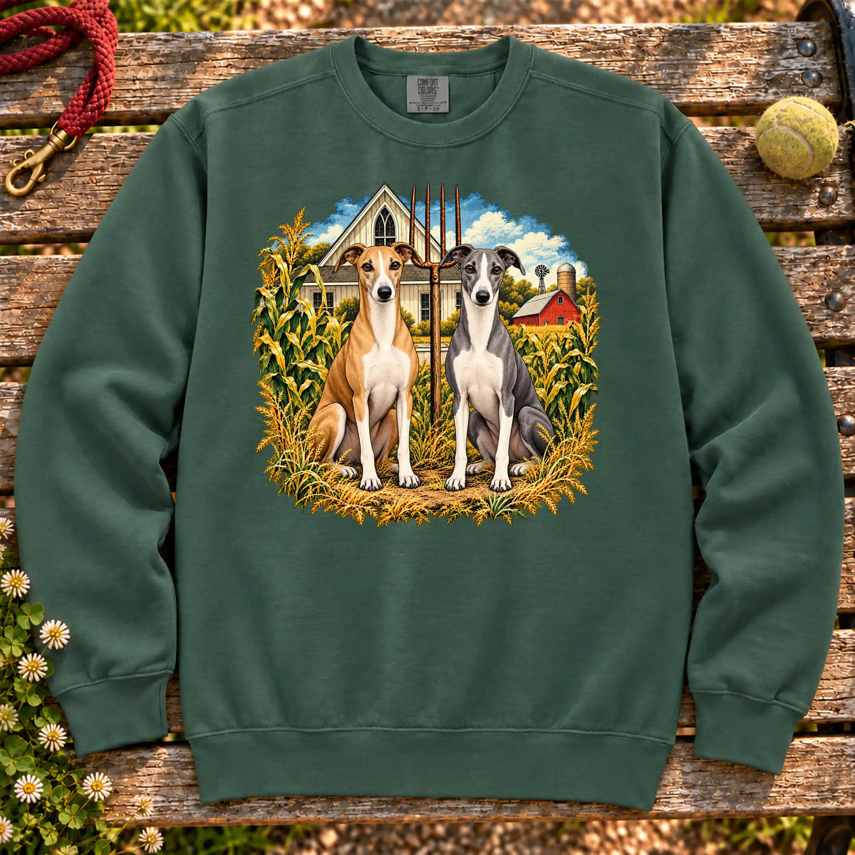 American Dogthic Whippet farmhouse design on a Blue Spruce Comfort Colors® sweatshirt