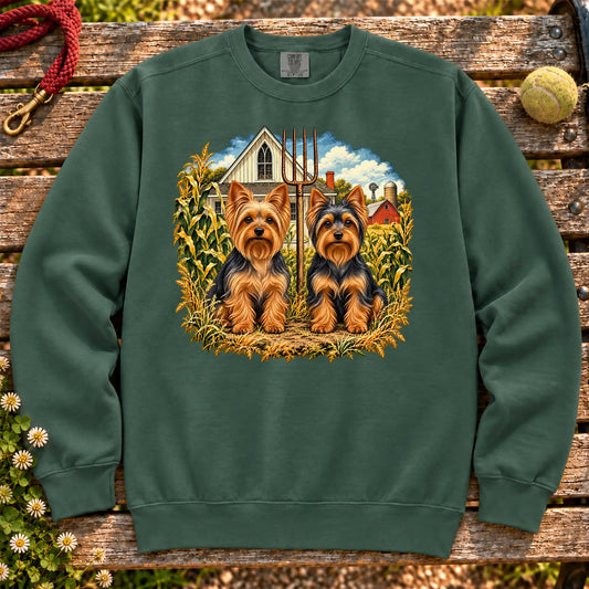 American Dogthic Yorkie farmhouse design on a Blue Spruce Comfort Colors® sweatshirt