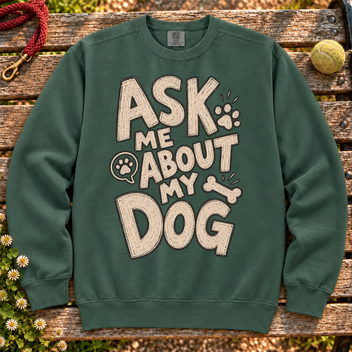 Ask me about my dog on a Blue Spruce crewneck sweatshirt, shown flat