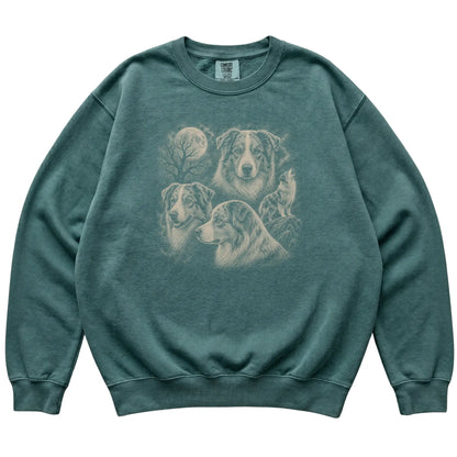 Australian Shepherd 90s Moon Sweatshirt in Blue Spruce — flat lay