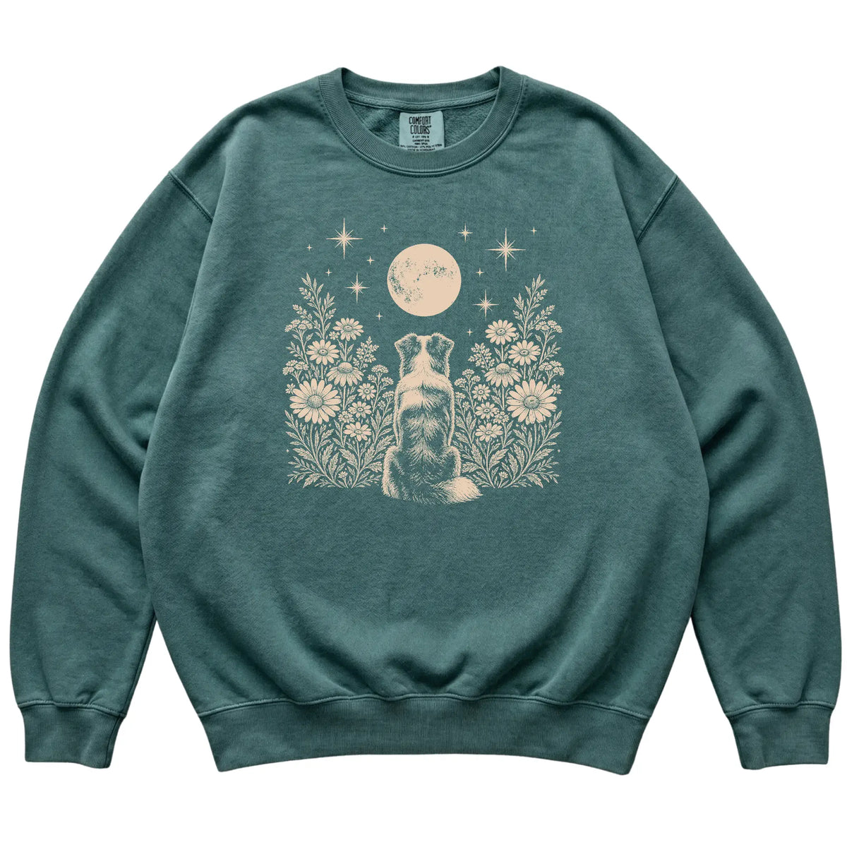 Australian Shepherd Wildflower Moon sweatshirt in Blue Spruce, flat lay view