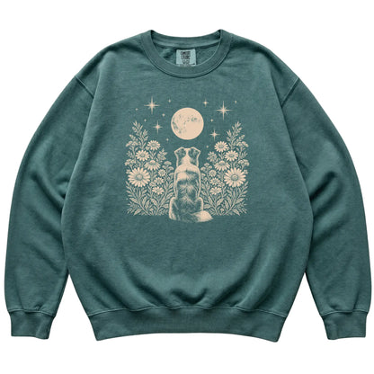 Australian Shepherd Wildflower Moon sweatshirt in Blue Spruce, flat lay view
