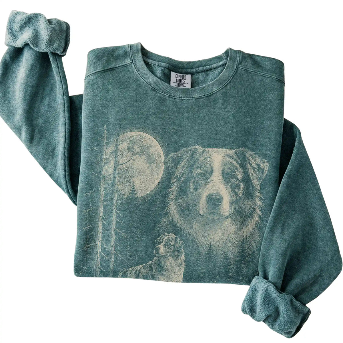 Blue Spruce Australian Shepherd Moonlit Forest Comfort Colors sweatshirt, folded view