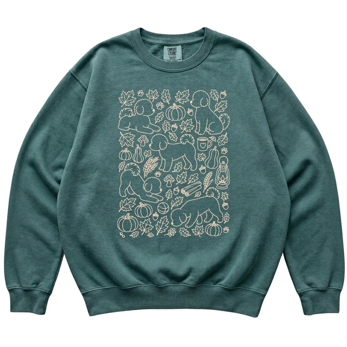 Blue Spruce Bichon Frise Fall Leaves shirt laid flat
