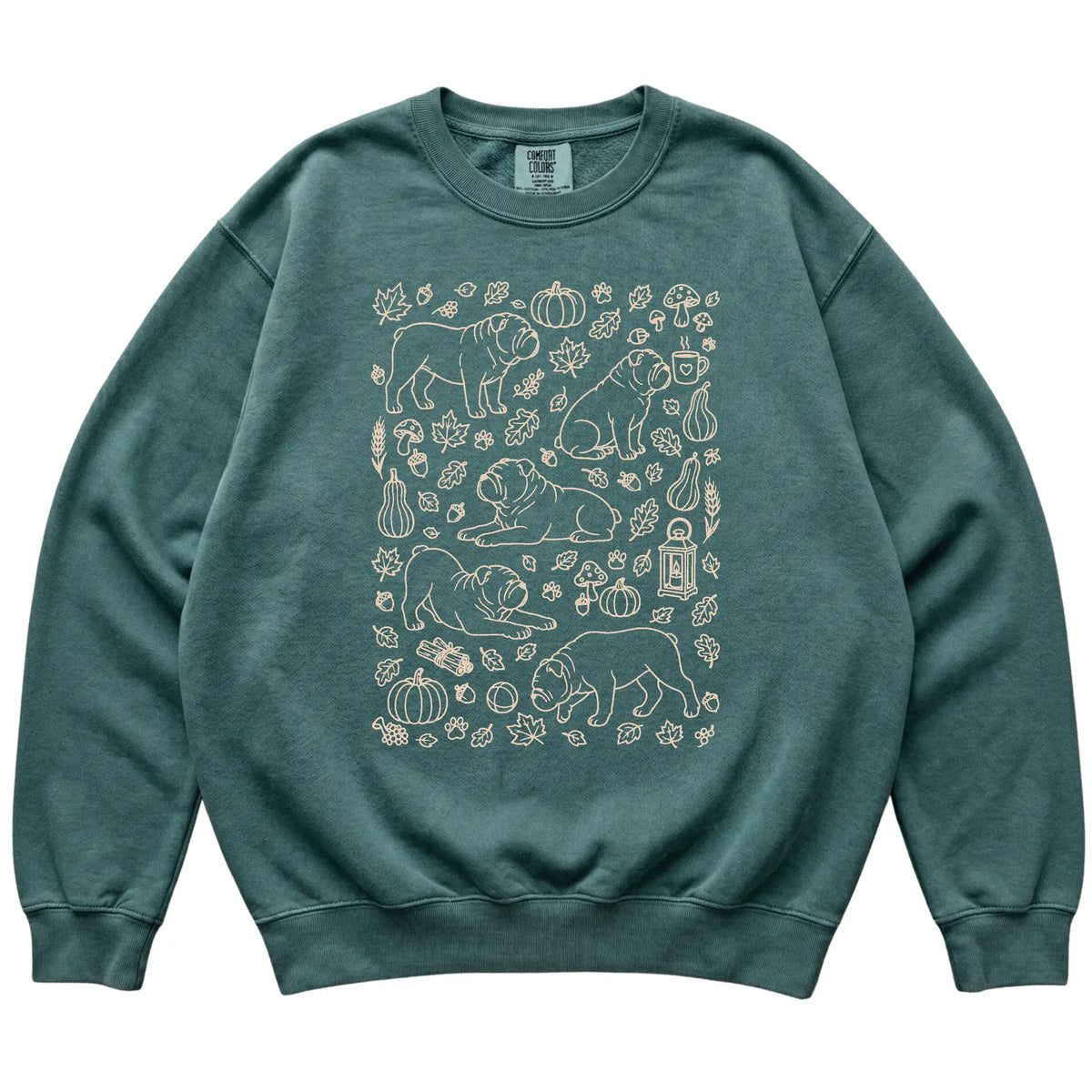 Blue Spruce Bulldog Fall Leaves shirt laid flat