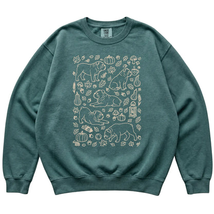 Blue Spruce Bulldog Fall Leaves shirt laid flat