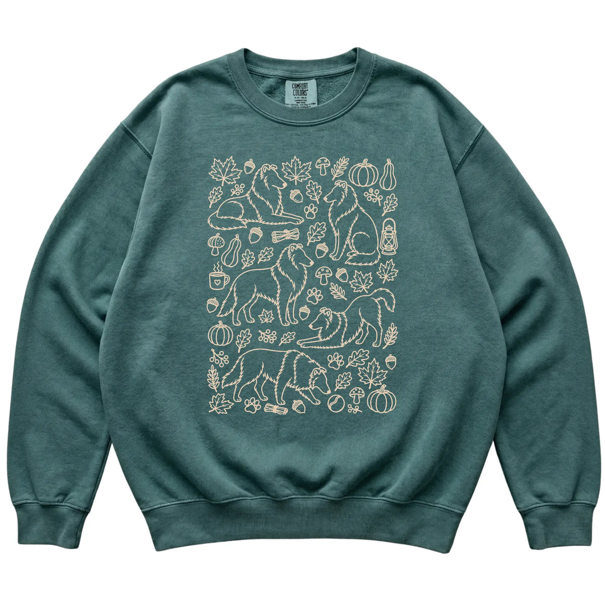Blue Spruce Collie Fall Leaves shirt laid flat