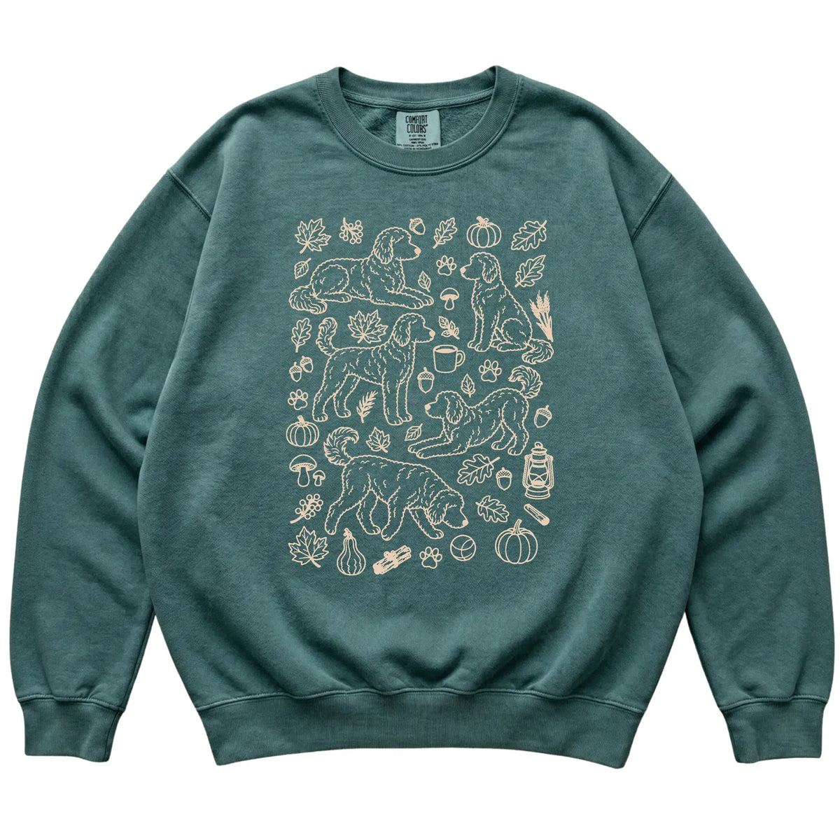 Blue Spruce Goldendoodle Fall Leaves shirt laid flat